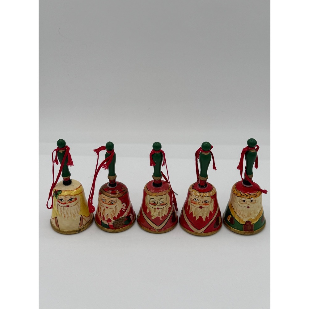 Authentic Models Wooden Santa Claus Bell Ornaments Set of 5 Hand Painted Vintage